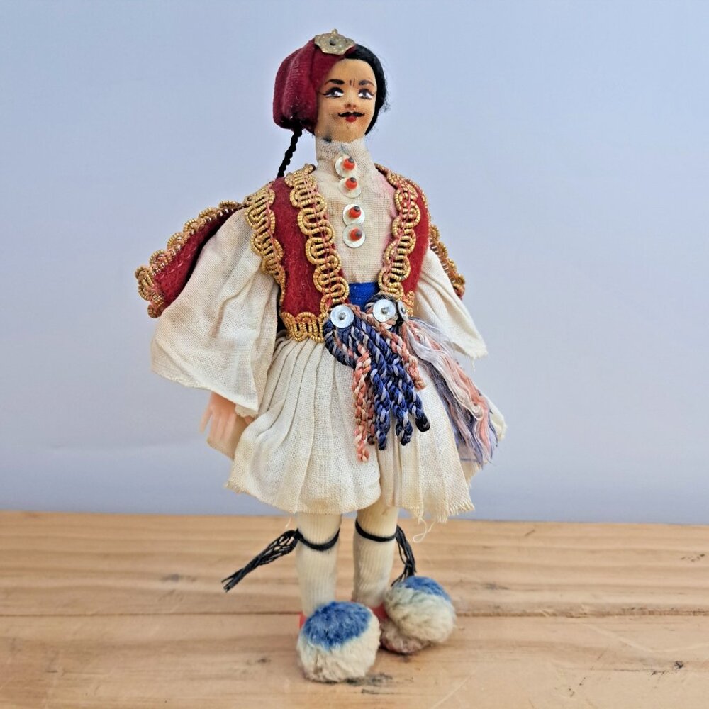 Vintage 1960s Greek Evzone Souvenir Doll - 7" Hand-Painted Cloth Head